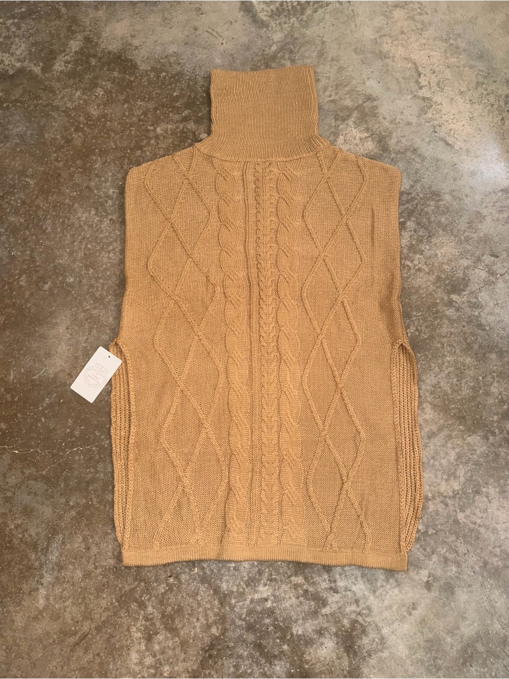 NWT Floral Blooming Camel Cable Knit Turtleneck Sweater Poncho Cape M Fall Photo